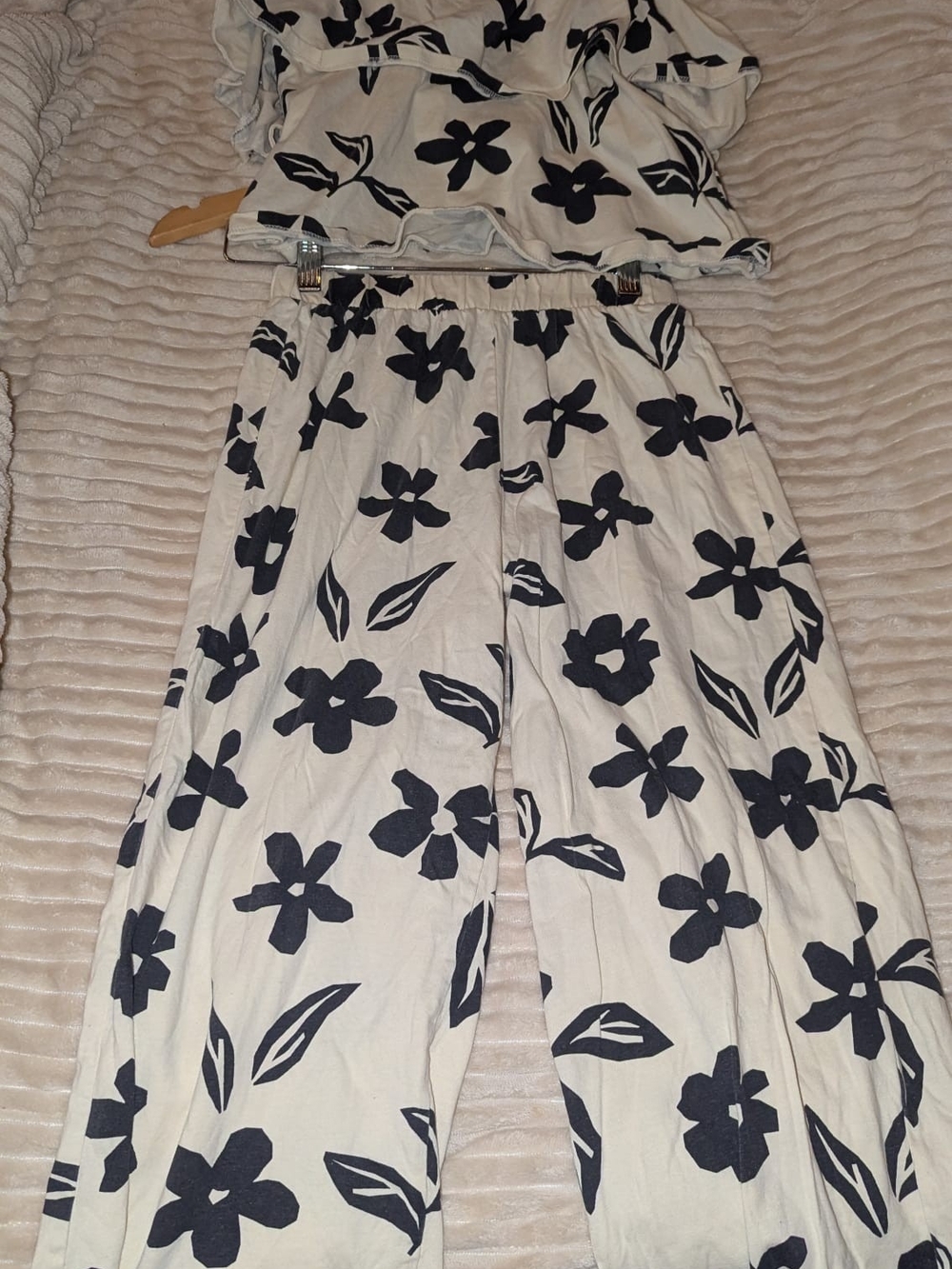 Women's Black Floral Wide-Leg Pants - Cream Background 2 Piece